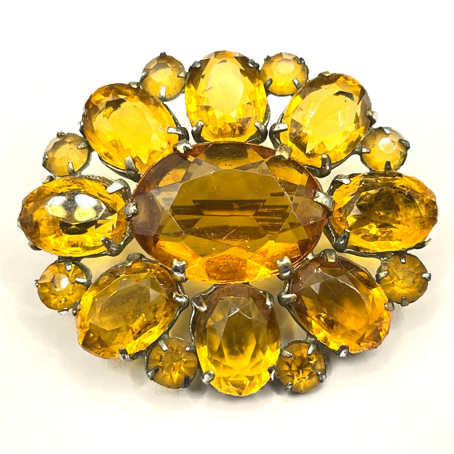 Vintage Art Deco citrine yellow glass rhinestone, open-backed, pale antique gold tone brooch pin, stunning sunshine colour