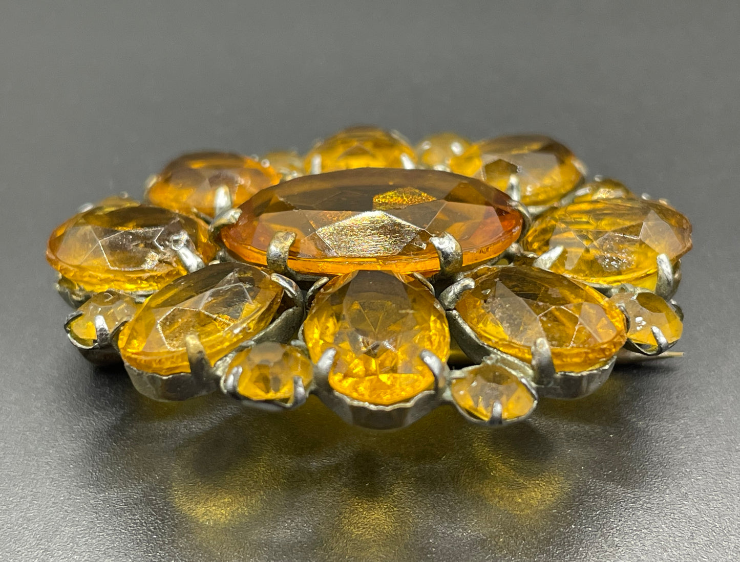 Vintage Art Deco citrine yellow glass rhinestone, open-backed, pale antique gold tone brooch pin, stunning sunshine colour