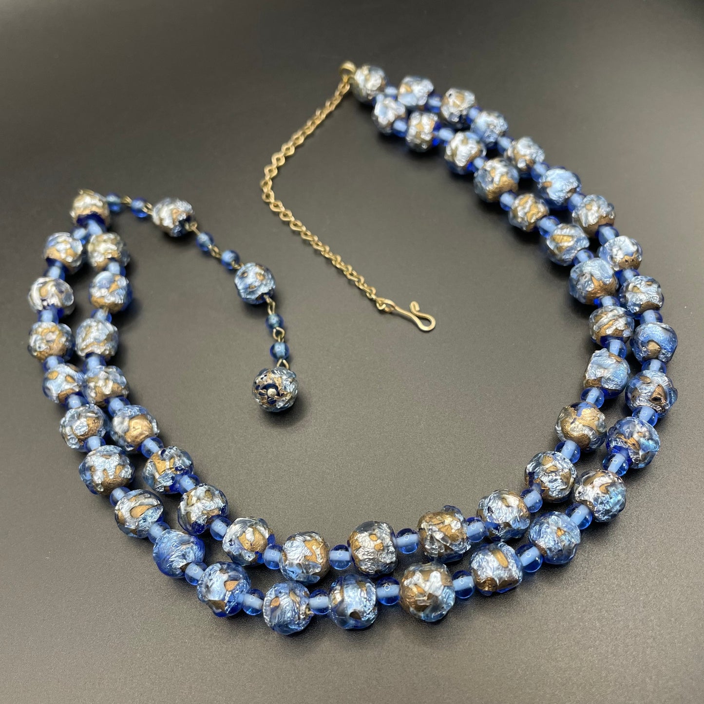 Vintage Art Deco double strand gold and shades of blue foiled glass beaded necklace, beautiful beads