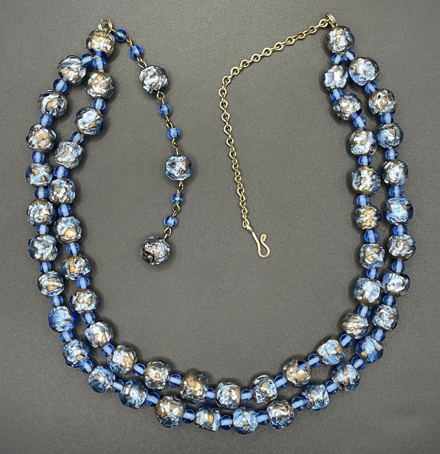 Vintage Art Deco double strand gold and shades of blue foiled glass beaded necklace, beautiful beads