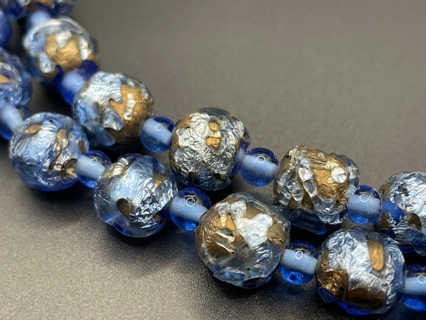 Vintage Art Deco double strand gold and shades of blue foiled glass beaded necklace, beautiful beads