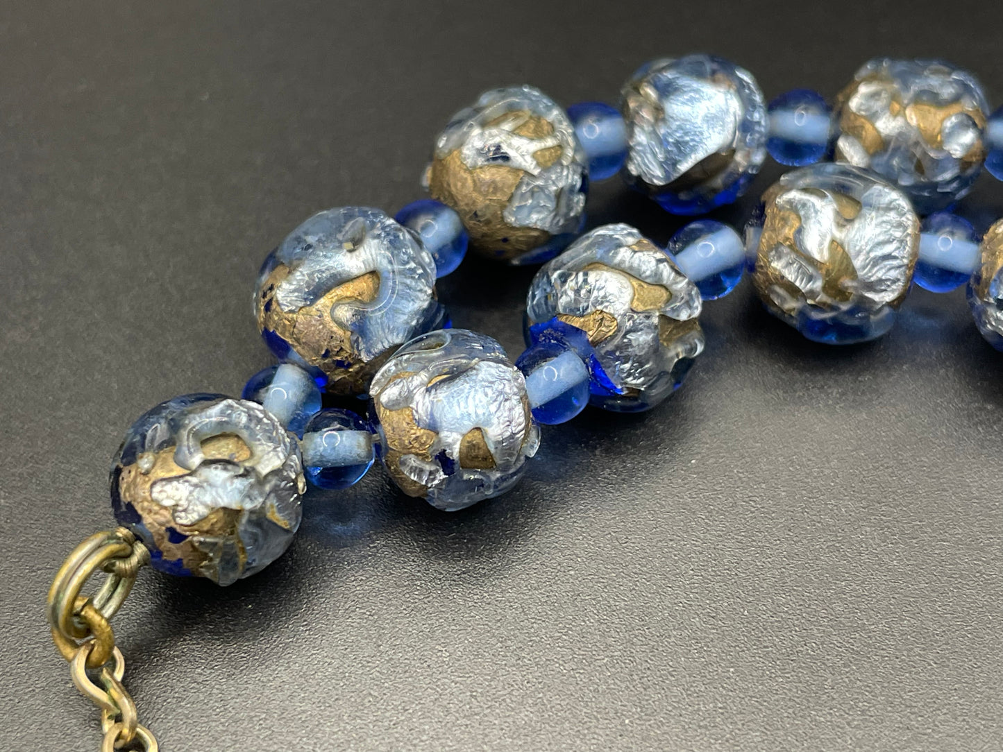 Vintage Art Deco double strand gold and shades of blue foiled glass beaded necklace, beautiful beads