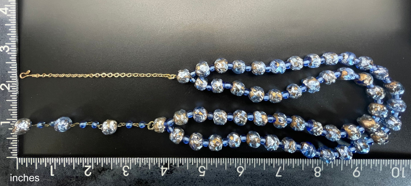 Vintage Art Deco double strand gold and shades of blue foiled glass beaded necklace, beautiful beads