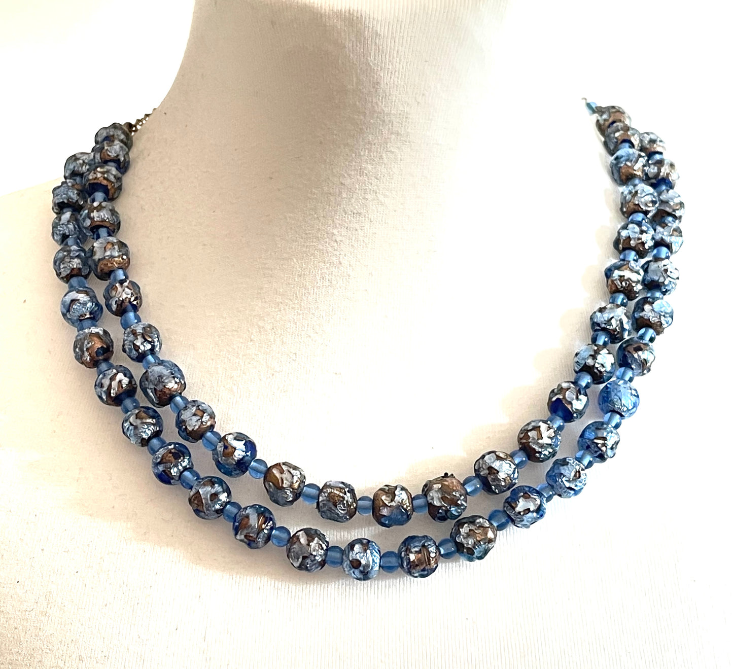 Vintage Art Deco double strand gold and shades of blue foiled glass beaded necklace, beautiful beads