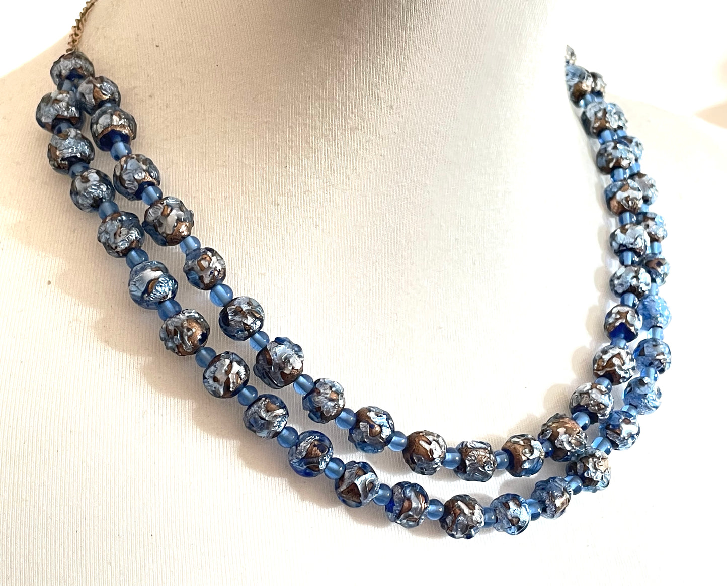 Vintage Art Deco double strand gold and shades of blue foiled glass beaded necklace, beautiful beads