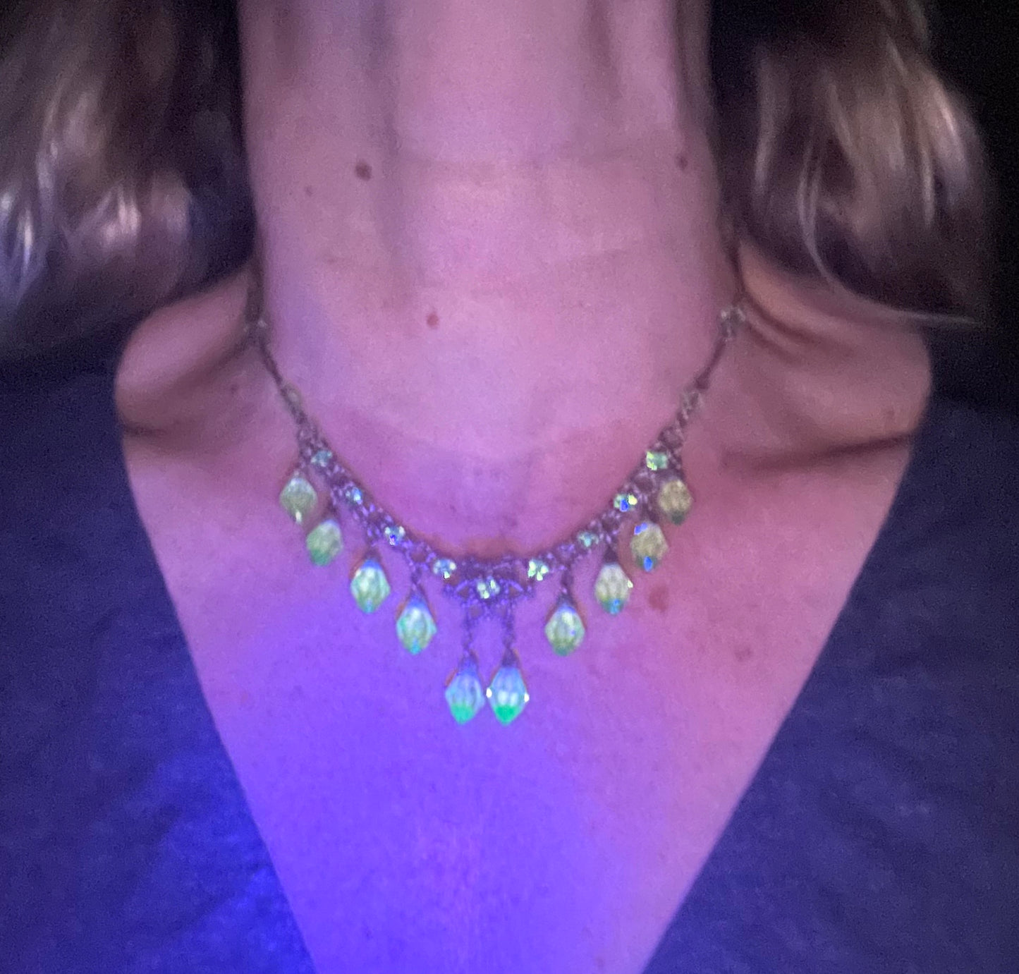 Vintage uranium glass drop and green faceted crystal Art Deco fringe necklace - fabulous beads that glow under UV light