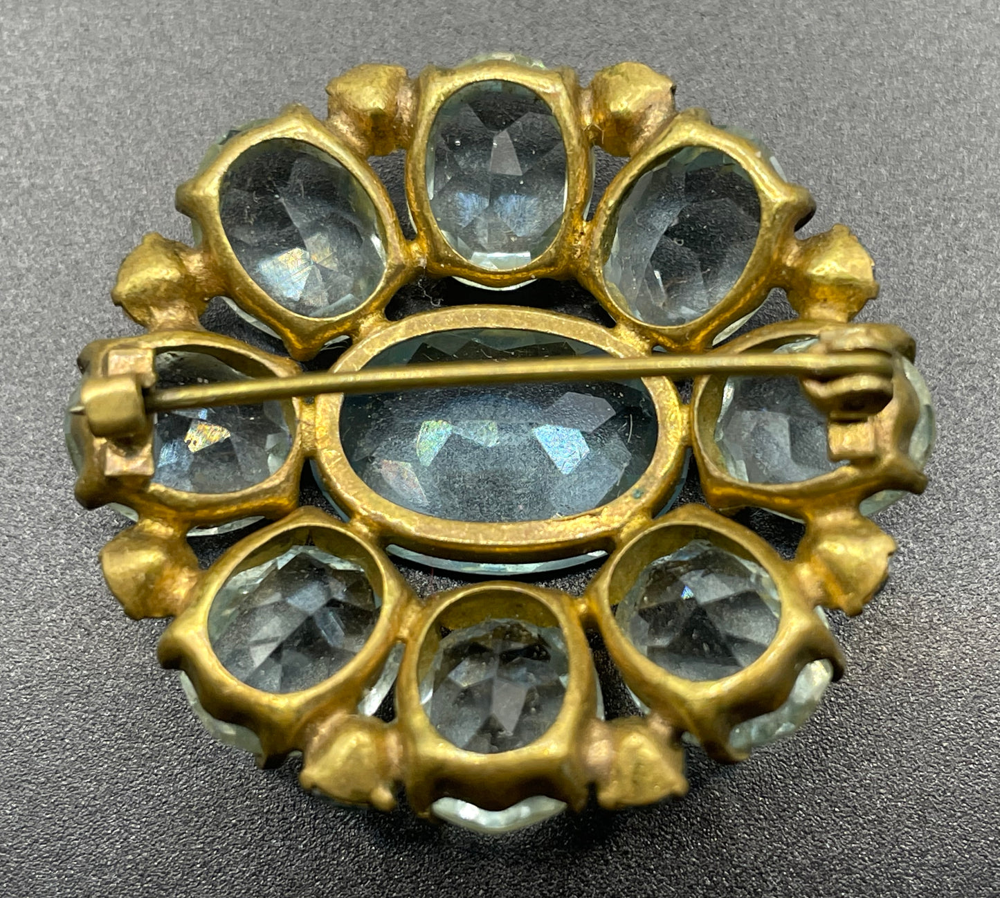 Vintage Art Deco two shades of very pale aqua blue glass rhinestone, open-backed, gold tone brooch pin, stunning colour