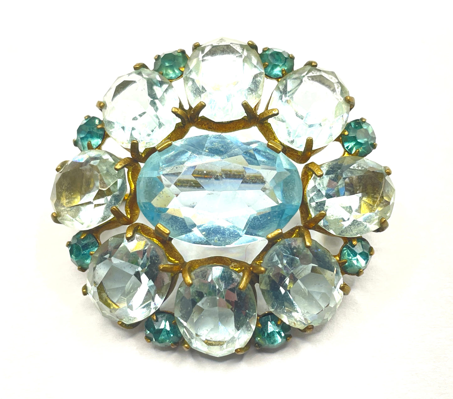 Vintage Art Deco two shades of very pale aqua blue glass rhinestone, open-backed, gold tone brooch pin, stunning colour