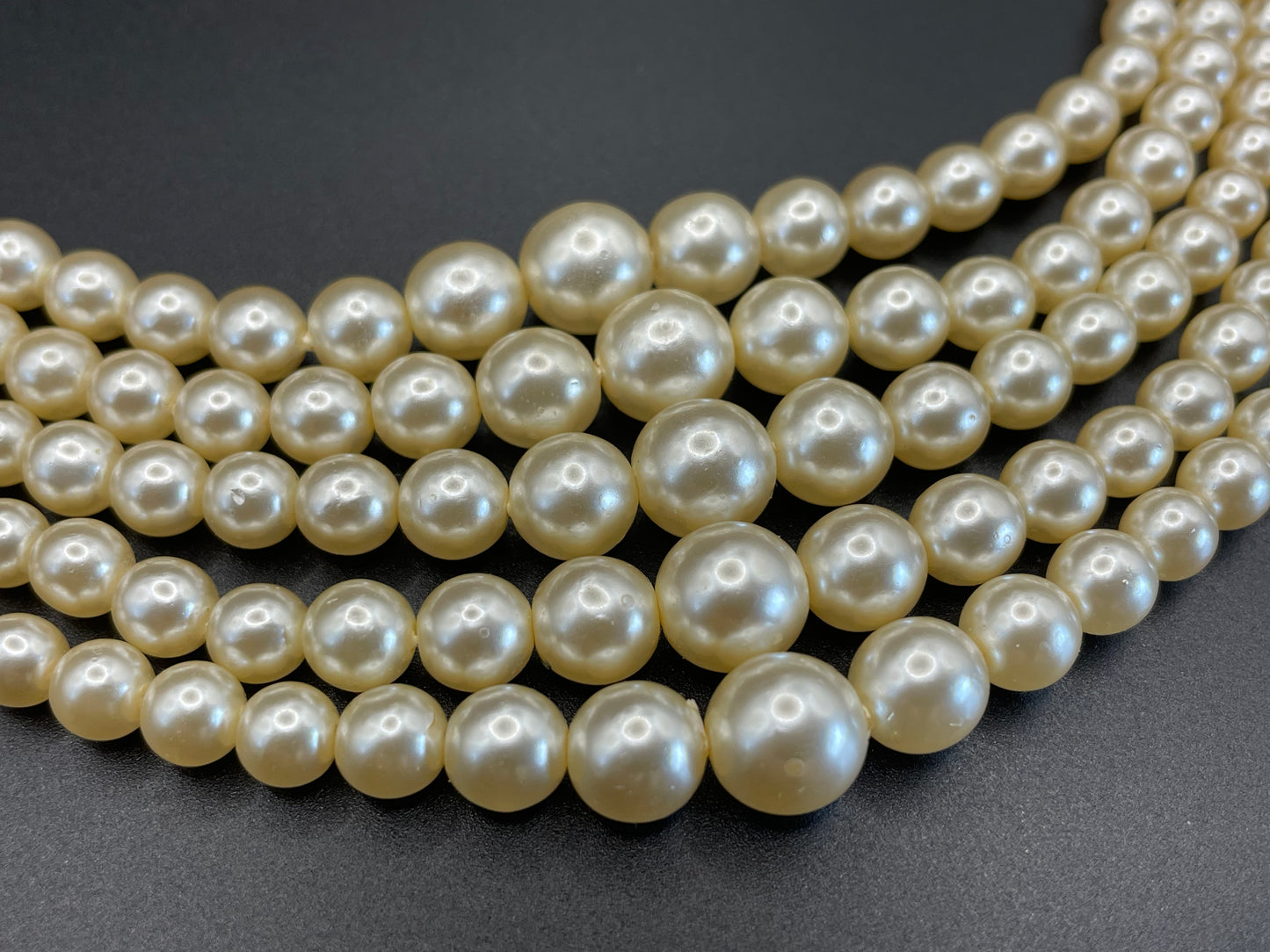 Vintage five strand glass faux pearl necklace with ornate clear rhinestone box clasp, graduated glass pearls