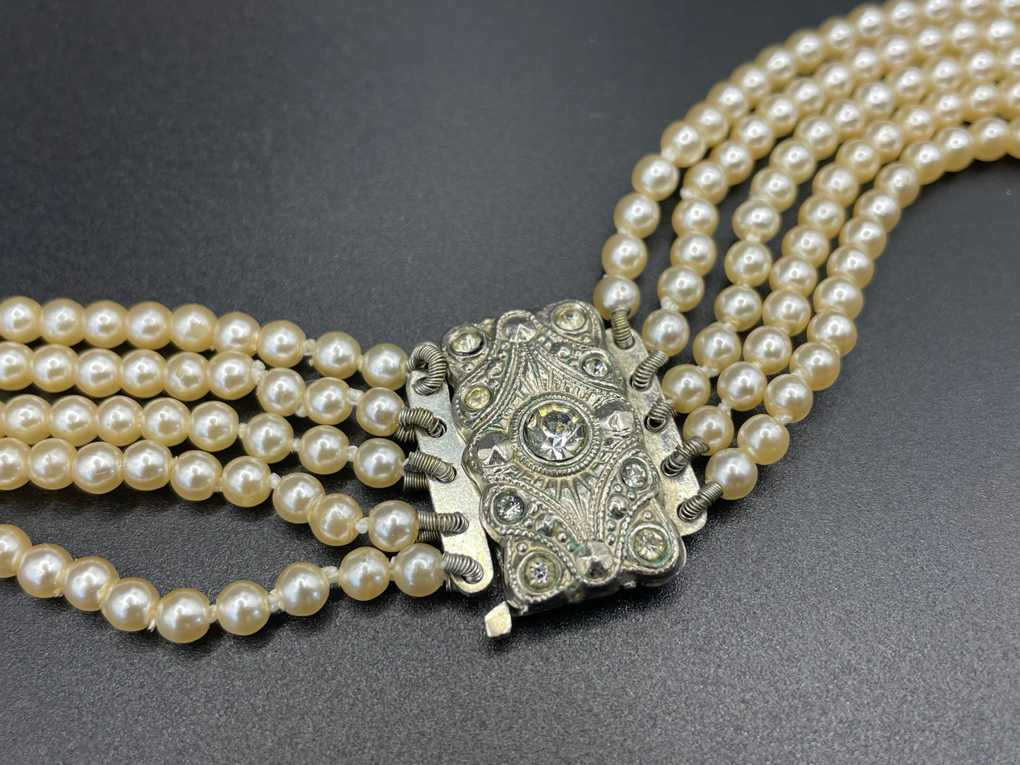 Vintage five strand glass faux pearl necklace with ornate clear rhinestone box clasp, graduated glass pearls