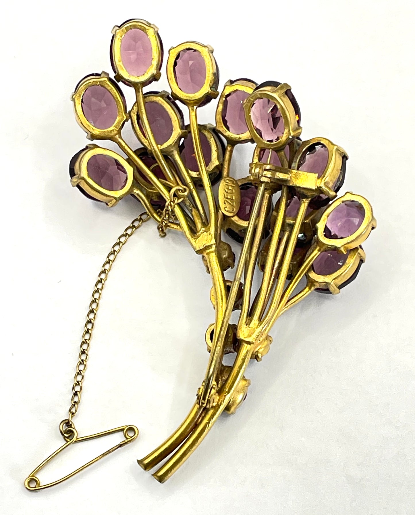 Large vintage Art Deco gorgeous vibrant amethyst purple crystal Czech flower bouquet brooch, open-backed rhinestones in gold tone