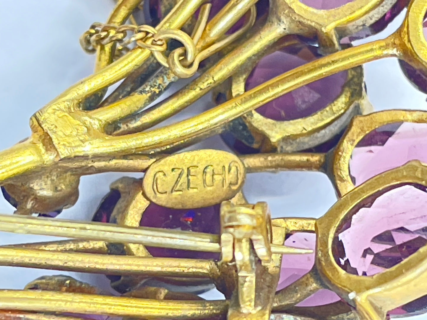 Large vintage Art Deco gorgeous vibrant amethyst purple crystal Czech flower bouquet brooch, open-backed rhinestones in gold tone