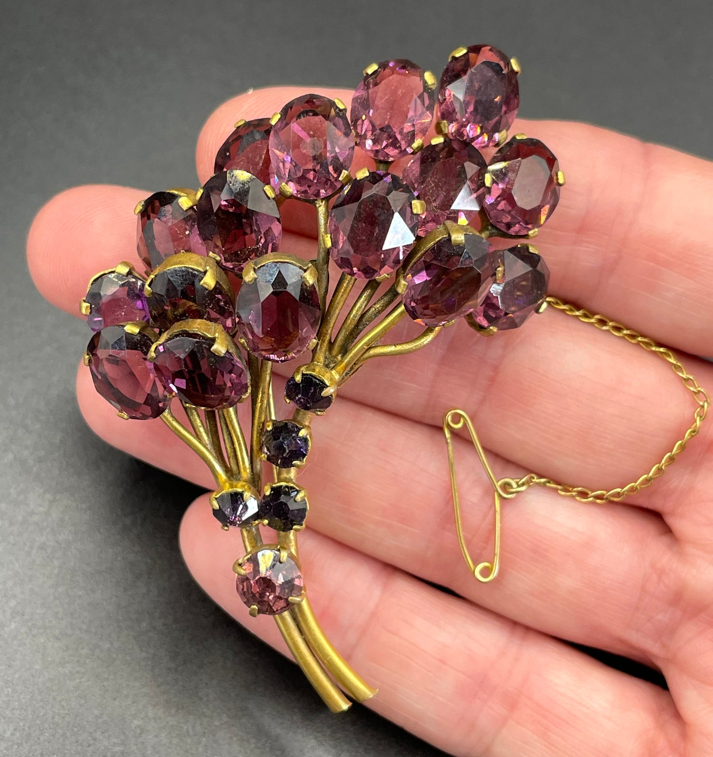 Large vintage Art Deco gorgeous vibrant amethyst purple crystal Czech flower bouquet brooch, open-backed rhinestones in gold tone
