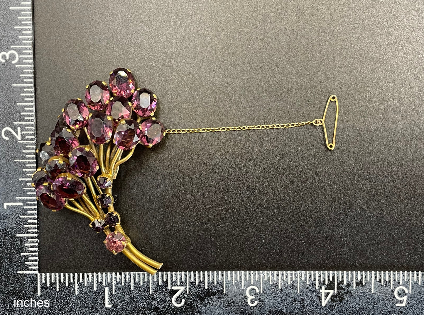 Large vintage Art Deco gorgeous vibrant amethyst purple crystal Czech flower bouquet brooch, open-backed rhinestones in gold tone