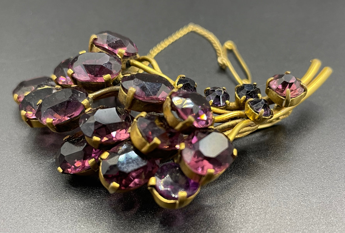 Large vintage Art Deco gorgeous vibrant amethyst purple crystal Czech flower bouquet brooch, open-backed rhinestones in gold tone