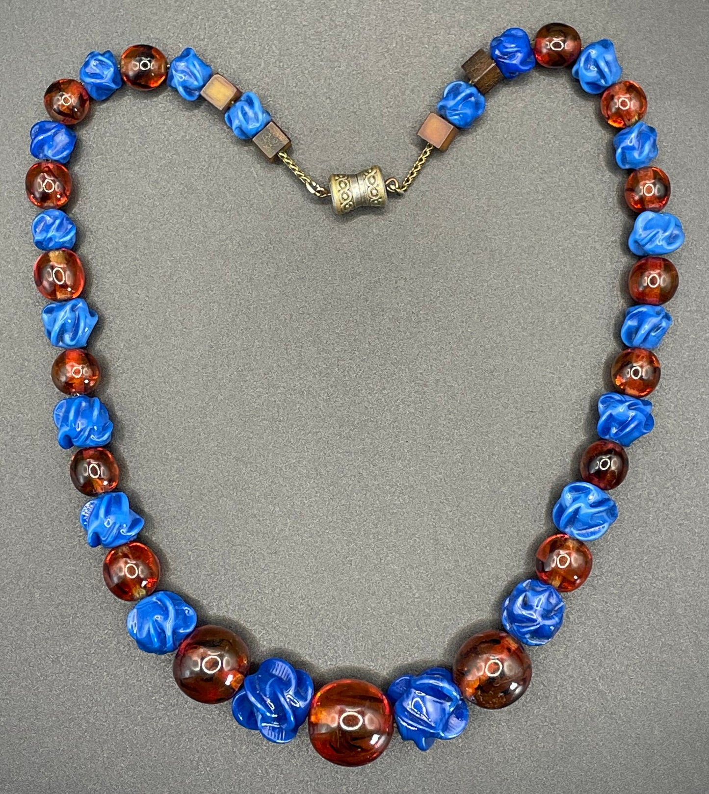 Vintage Louis Rousselet uranium glass Art Deco necklace on foxtail chain - marbled brown uranium glass and poured glass blue floral beads