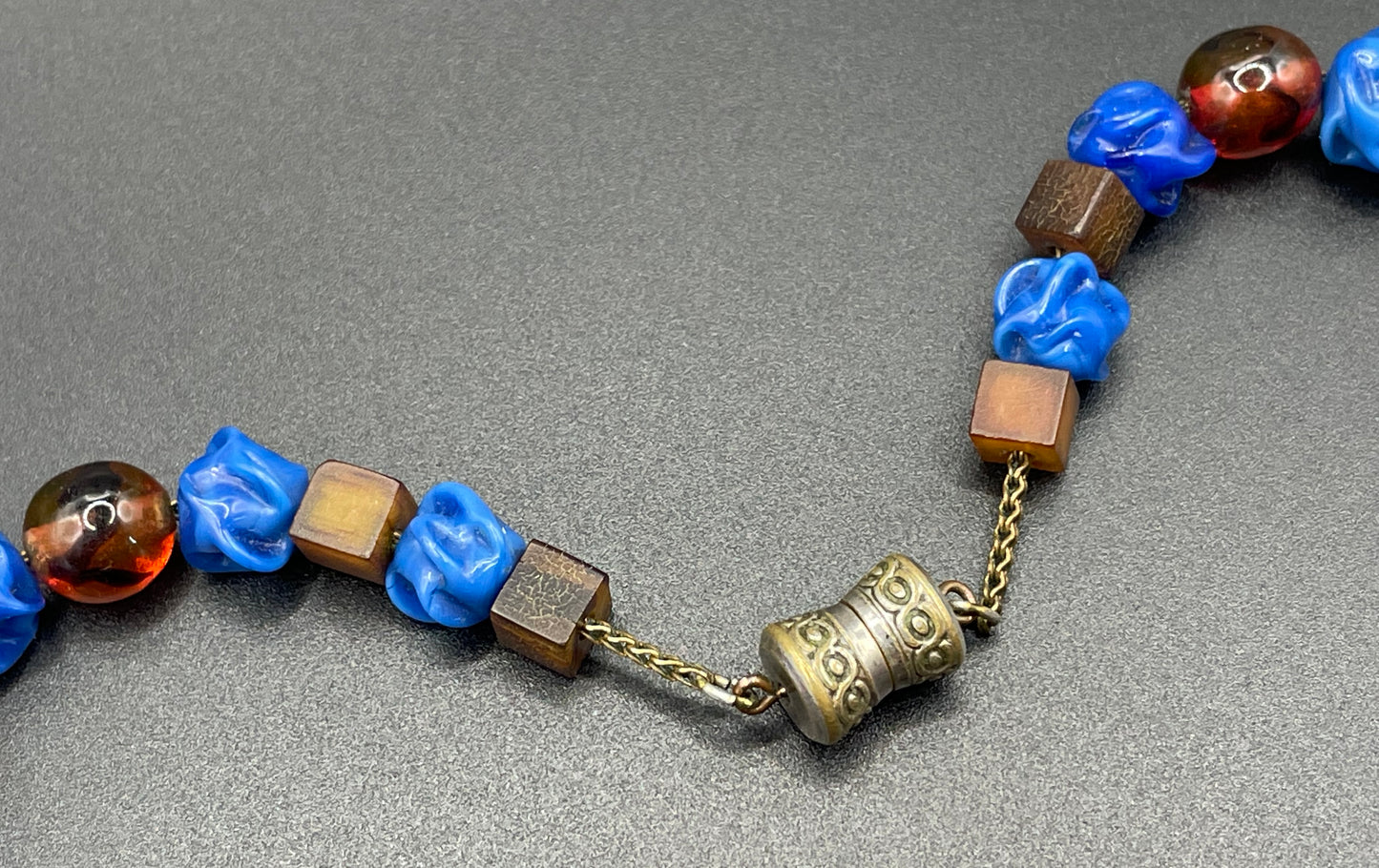 Vintage Louis Rousselet uranium glass Art Deco necklace on foxtail chain - marbled brown uranium glass and poured glass blue floral beads