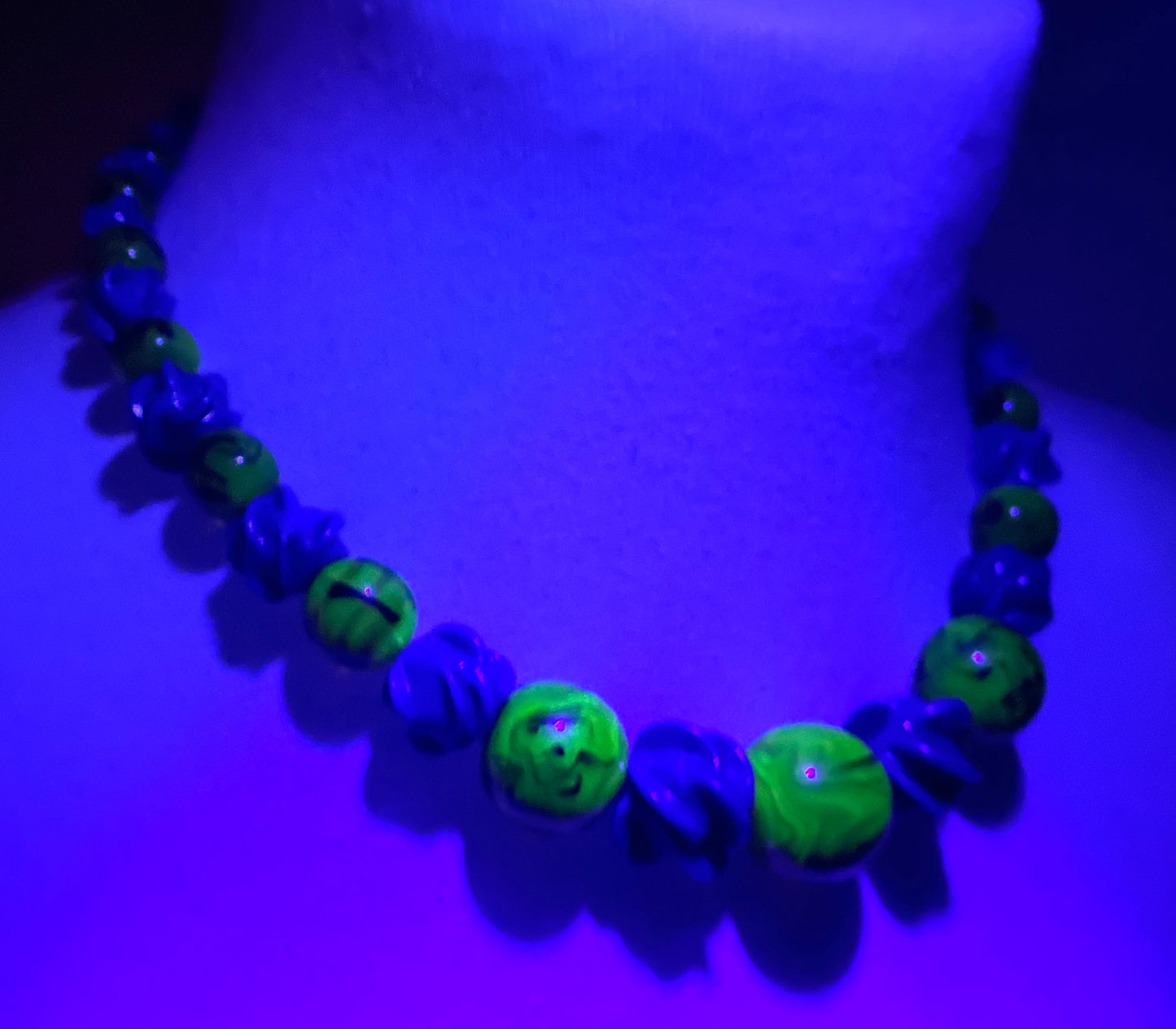 Vintage Louis Rousselet uranium glass Art Deco necklace on foxtail chain - marbled brown uranium glass and poured glass blue floral beads