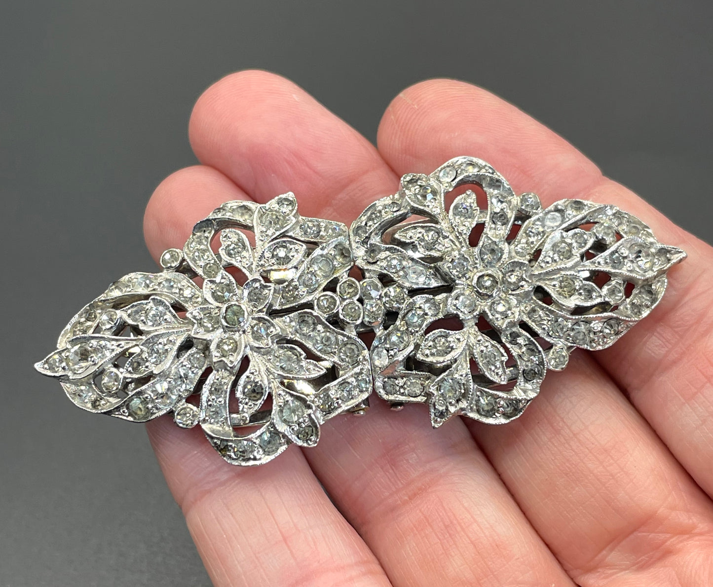 Vintage Art Deco rhinestone duette, brooch that is convertible into two dress clips, metamorphic jewellery, Ciro Pearls, made by Trifari