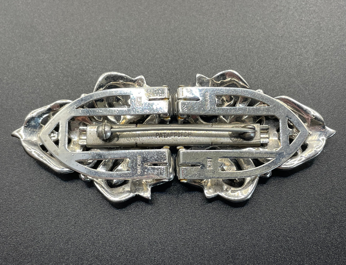 Vintage Art Deco rhinestone duette, brooch that is convertible into two dress clips, metamorphic jewellery, Ciro Pearls, made by Trifari