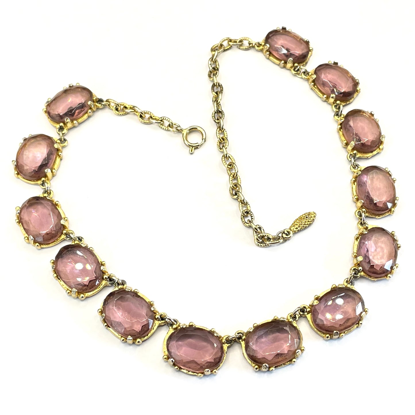 Vintage Sphinx amethyst purple / violet glass riviere necklace, heavy, bezel set, open-backed stones in ornate gold tone setting