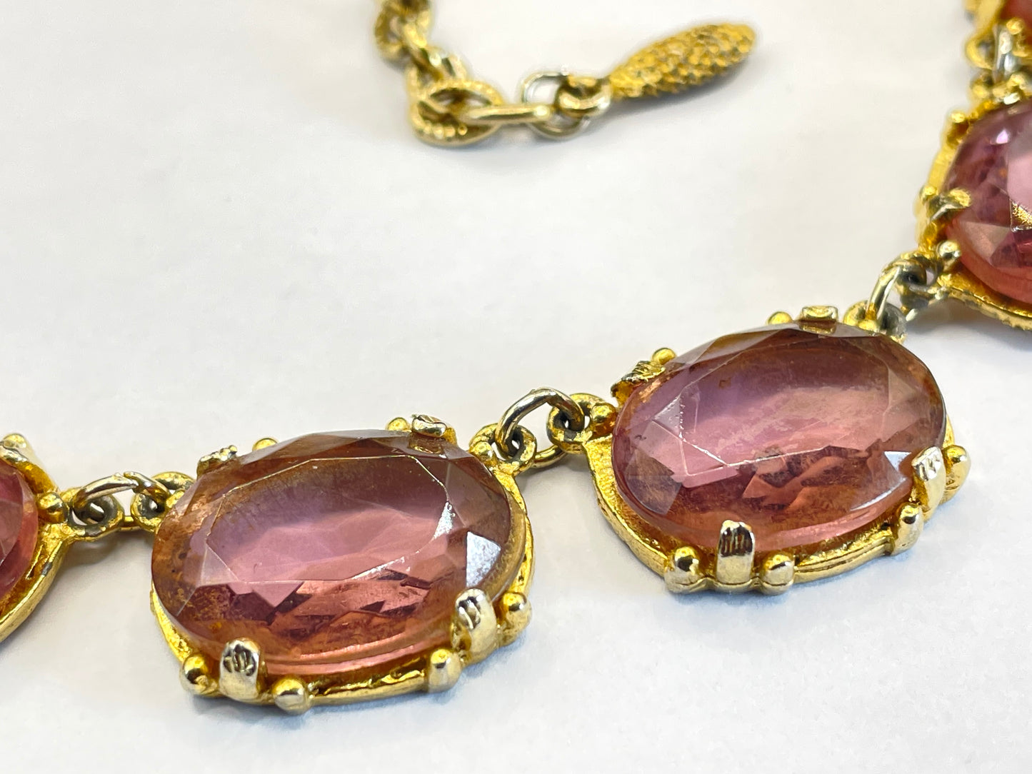 Vintage Sphinx amethyst purple / violet glass riviere necklace, heavy, bezel set, open-backed stones in ornate gold tone setting