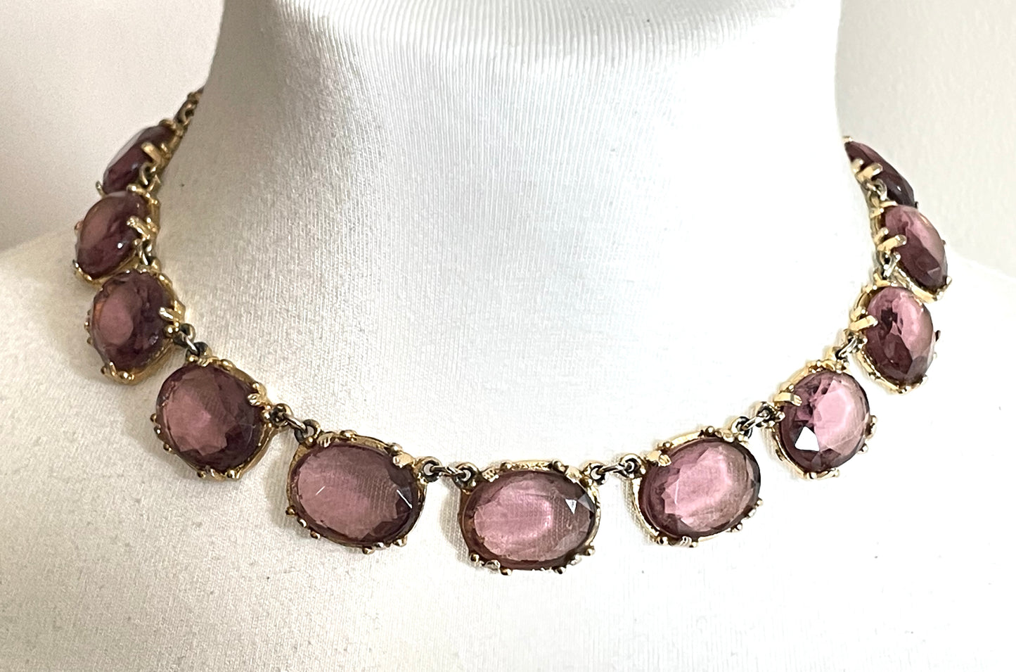 Vintage Sphinx amethyst purple / violet glass riviere necklace, heavy, bezel set, open-backed stones in ornate gold tone setting