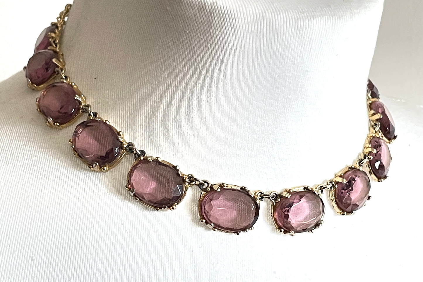 Vintage Sphinx amethyst purple / violet glass riviere necklace, heavy, bezel set, open-backed stones in ornate gold tone setting