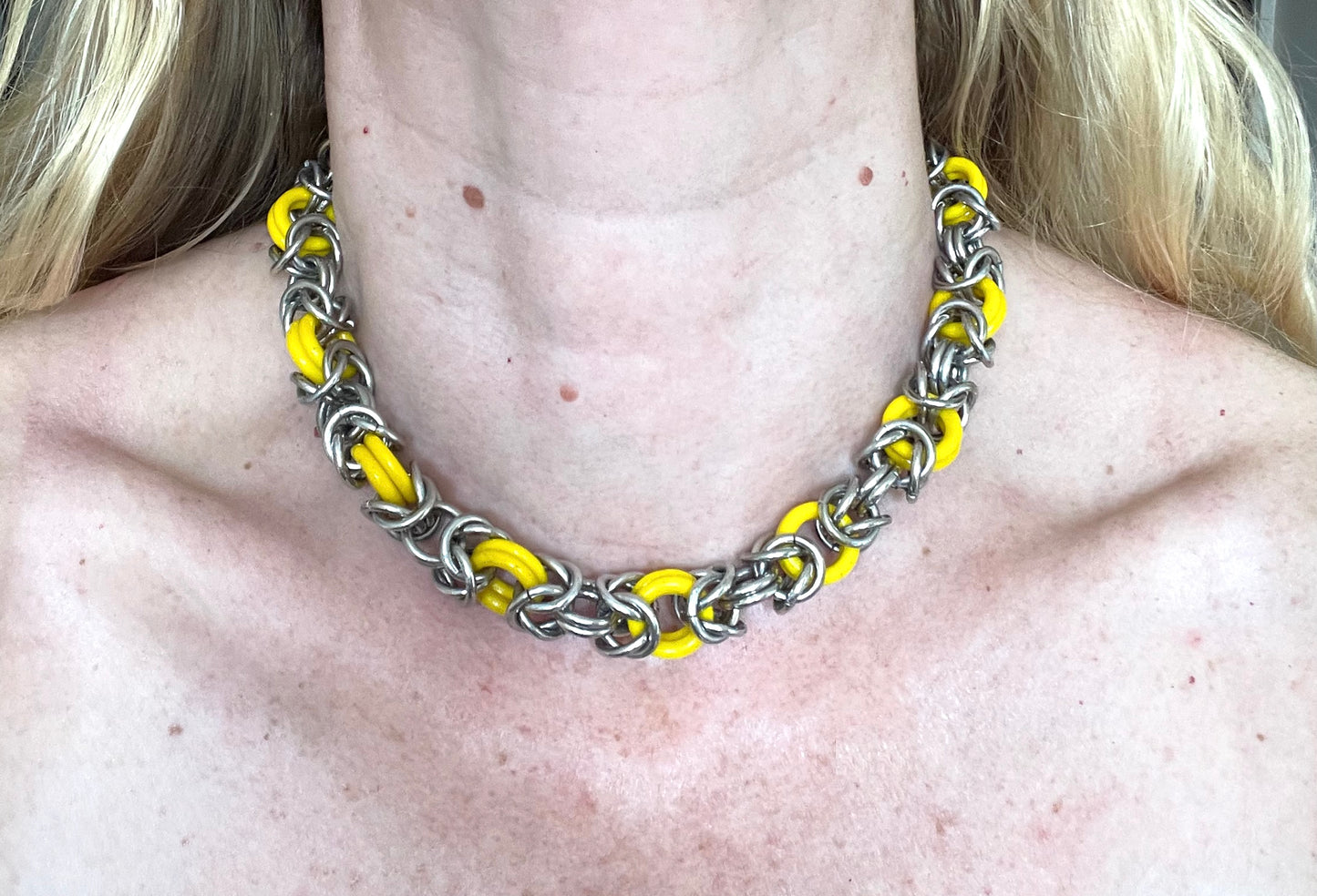 Vintage Jakob Bengel Art Deco 1930s machine age collar necklace with yellow galalith rings and chunky chrome byzantine chain