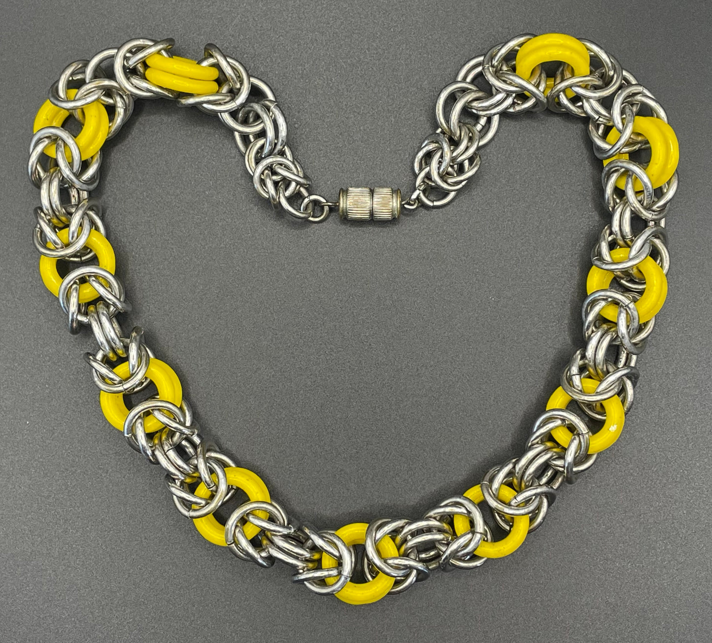 Vintage Jakob Bengel Art Deco 1930s machine age collar necklace with yellow galalith rings and chunky chrome byzantine chain