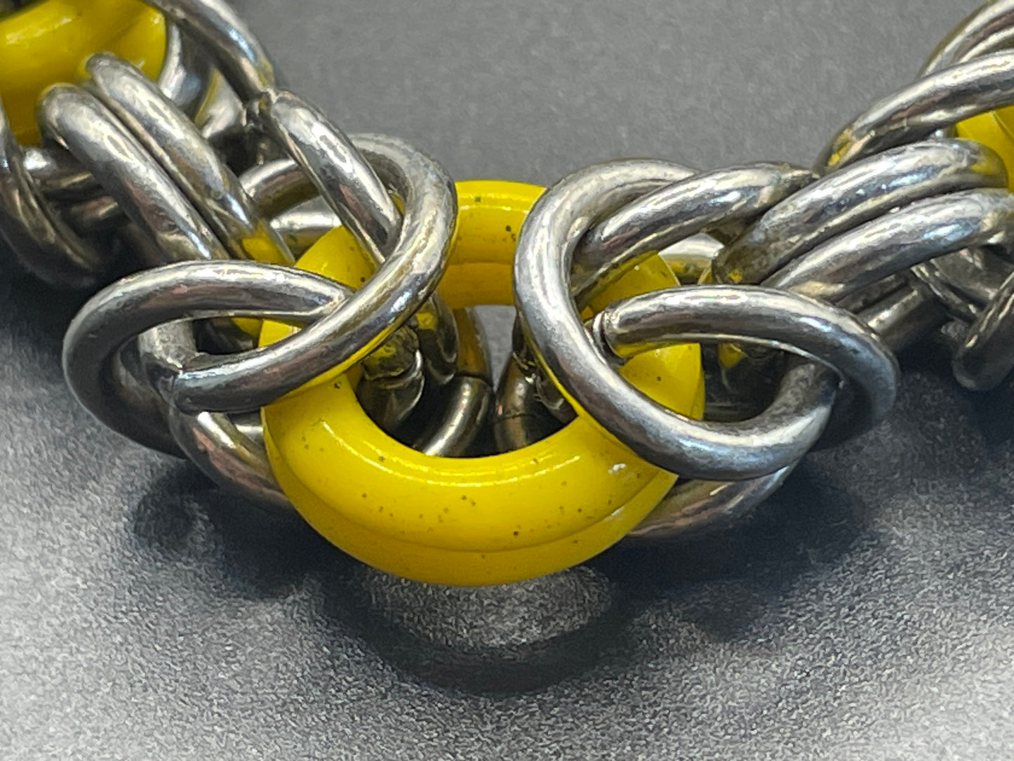 Vintage Jakob Bengel Art Deco 1930s machine age collar necklace with yellow galalith rings and chunky chrome byzantine chain