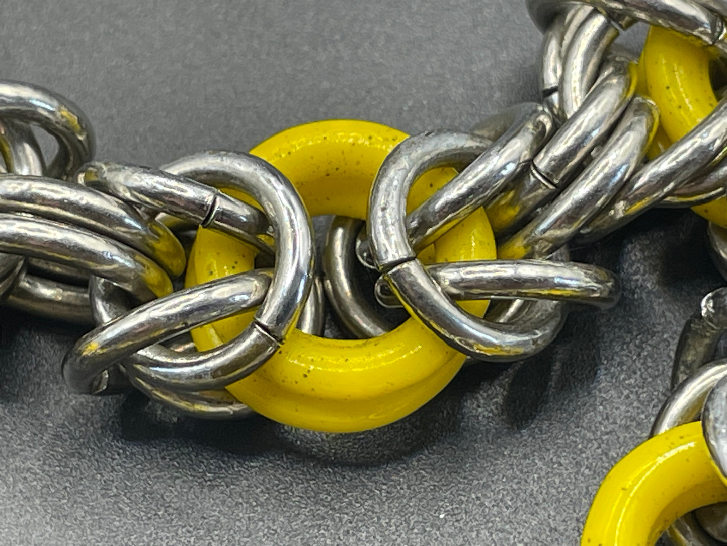 Vintage Jakob Bengel Art Deco 1930s machine age collar necklace with yellow galalith rings and chunky chrome byzantine chain