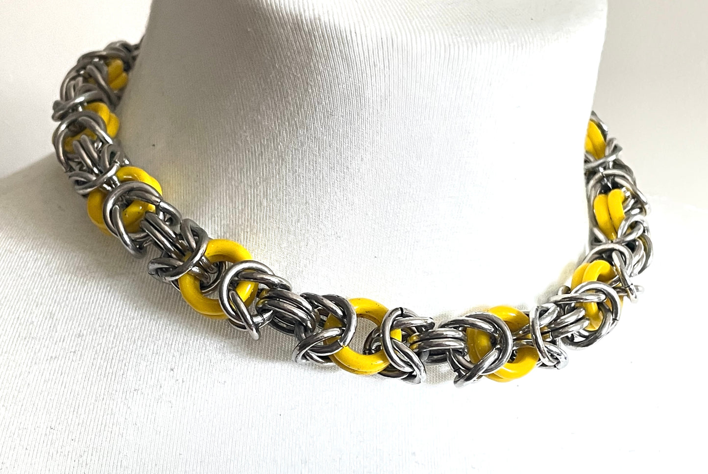 Vintage Jakob Bengel Art Deco 1930s machine age collar necklace with yellow galalith rings and chunky chrome byzantine chain