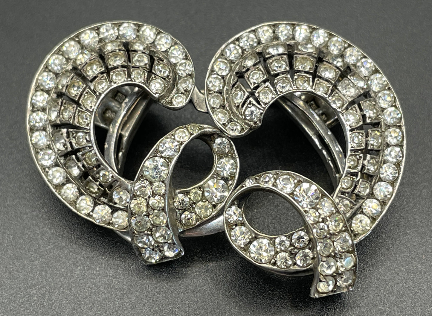 Vintage duette in sterling silver & paste, unusual asymmetric, romantic design - metamorphic brooch that is convertible to dress clips