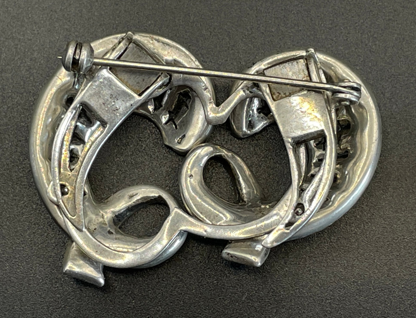 Vintage duette in sterling silver & paste, unusual asymmetric, romantic design - metamorphic brooch that is convertible to dress clips