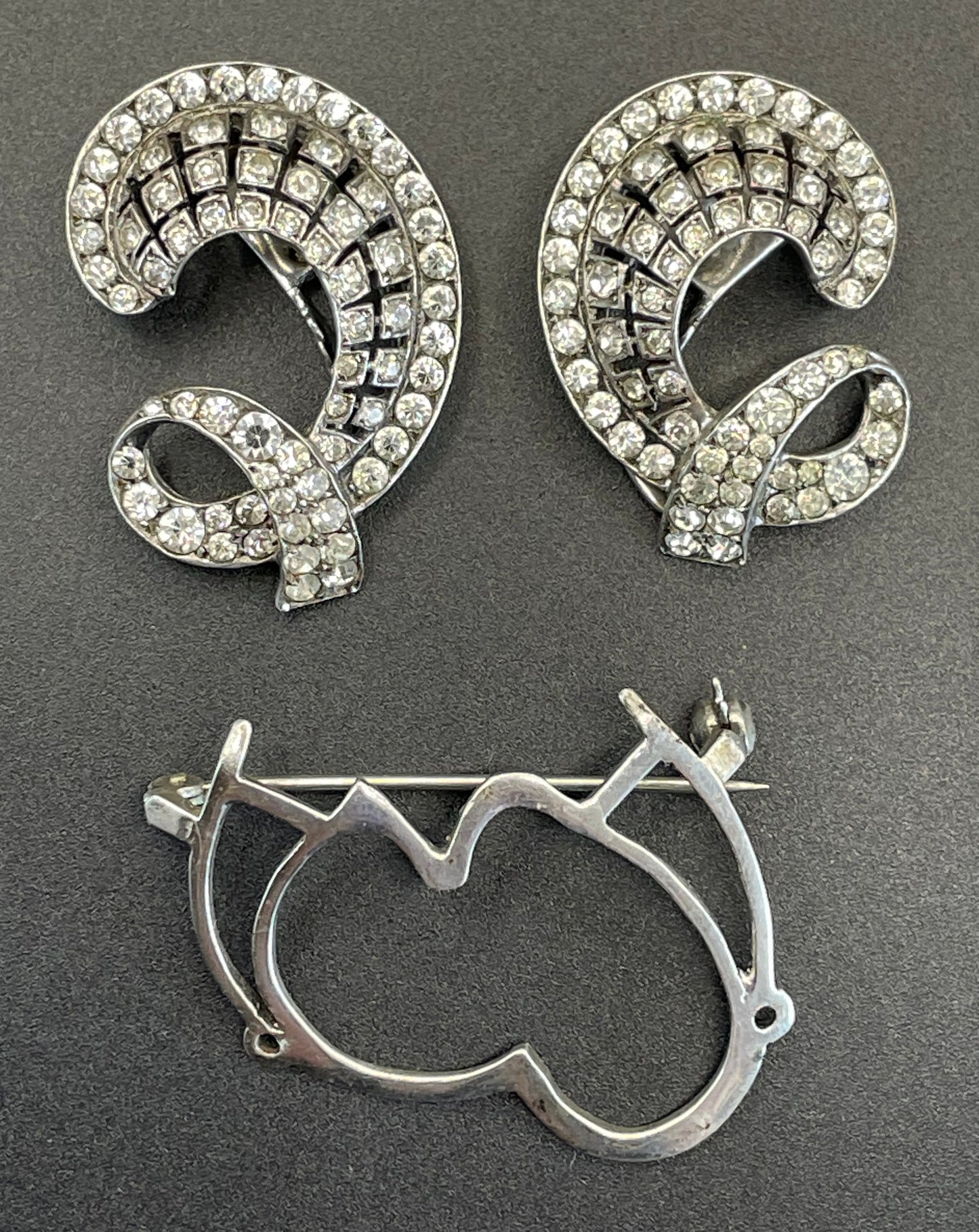 Vintage duette in sterling silver & paste, unusual asymmetric, romantic design - metamorphic brooch that is convertible to dress clips