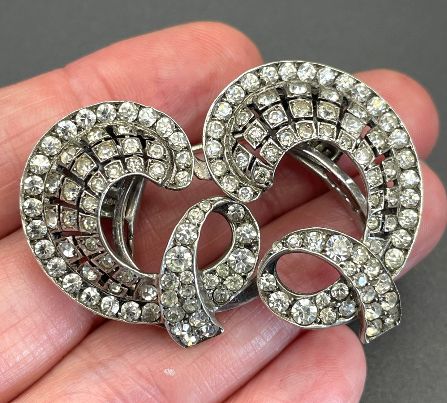 Vintage duette in sterling silver & paste, unusual asymmetric, romantic design - metamorphic brooch that is convertible to dress clips