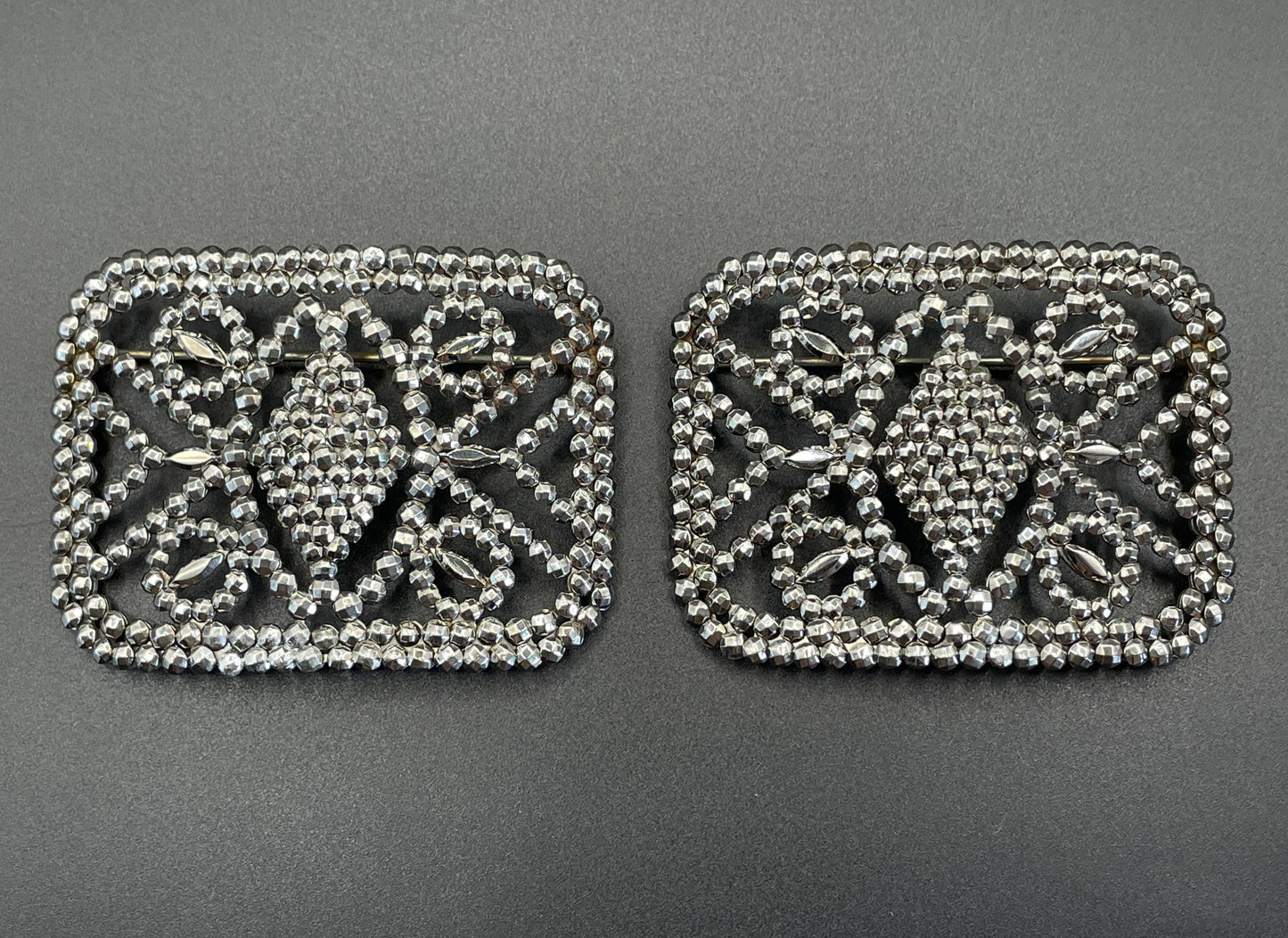 Pair of large antique Georgian cut steel faceted brooches, rectangular shaped, beautifully ornate sparkly pieces
