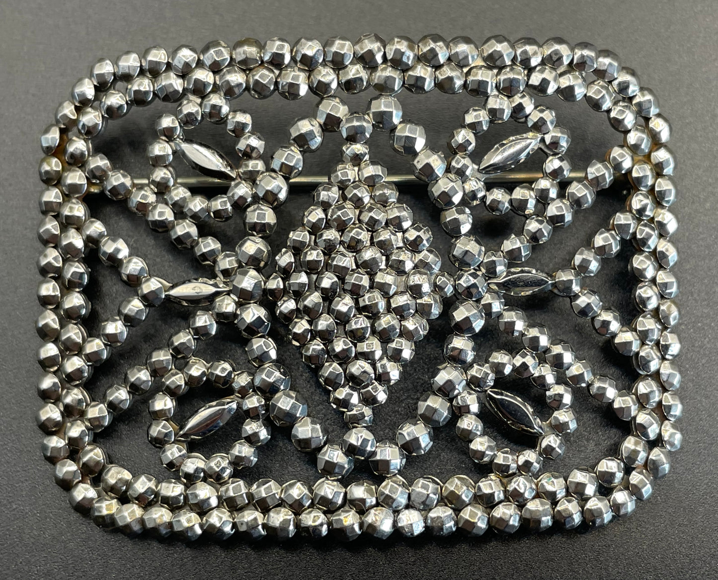 Pair of large antique Georgian cut steel faceted brooches, rectangular shaped, beautifully ornate sparkly pieces