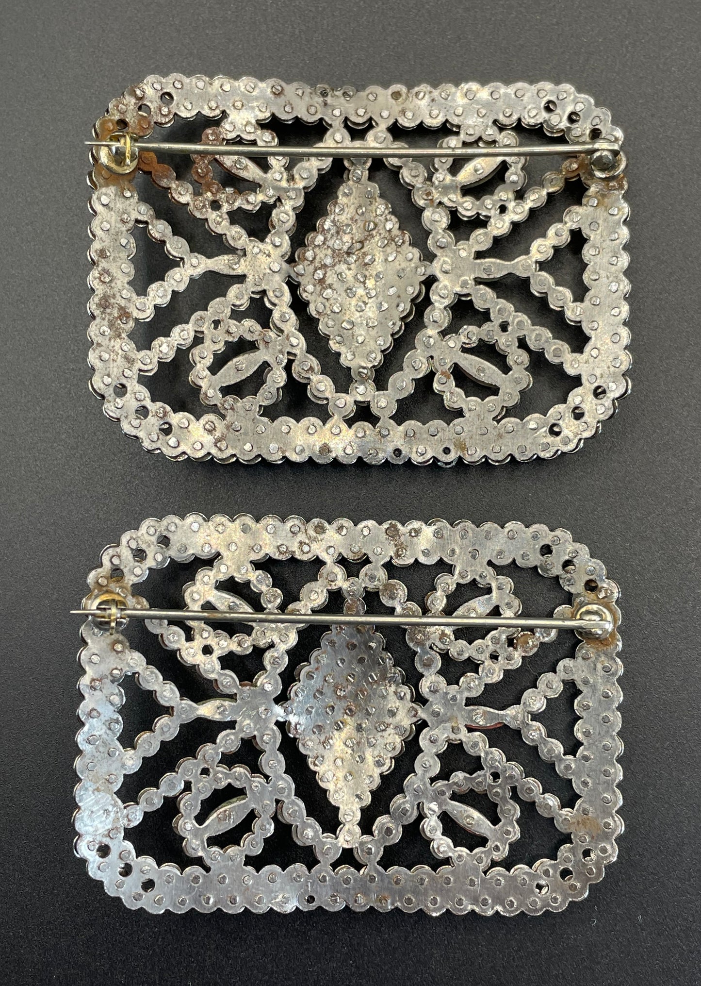 Pair of large antique Georgian cut steel faceted brooches, rectangular shaped, beautifully ornate sparkly pieces