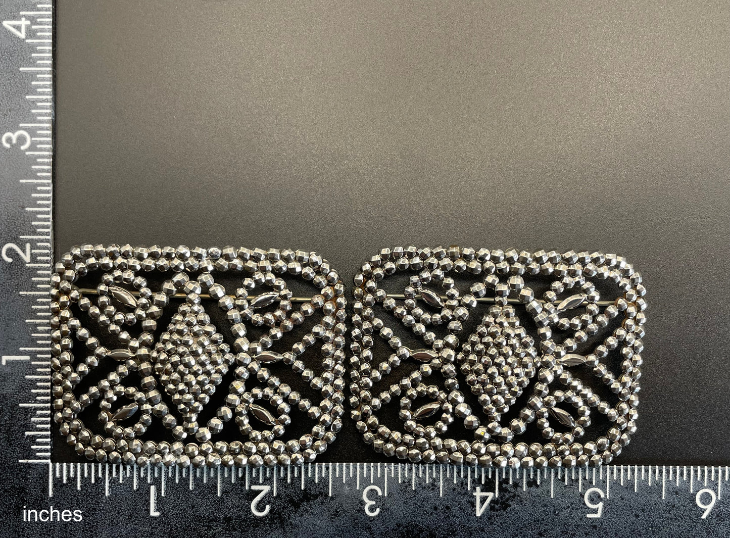 Pair of large antique Georgian cut steel faceted brooches, rectangular shaped, beautifully ornate sparkly pieces