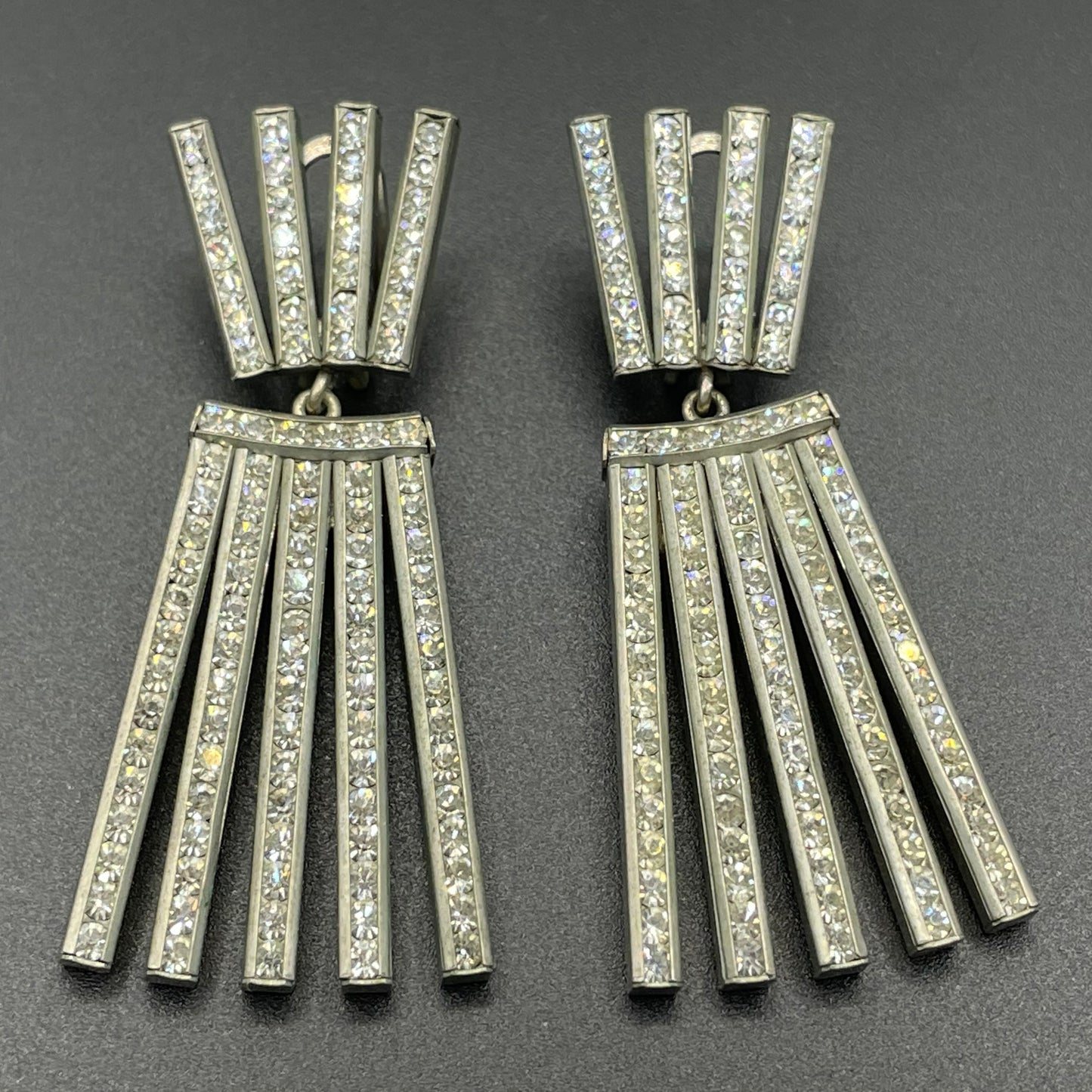 Vintage DRGM Schreiber & Hiller Art Deco channel set paste clear rhinestone geometric machine age clip on earrings