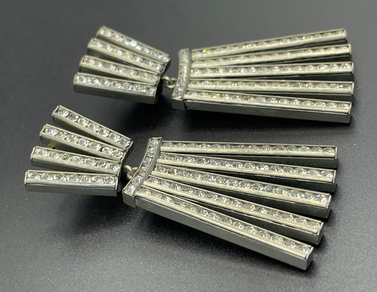 Vintage DRGM Schreiber & Hiller Art Deco channel set paste clear rhinestone geometric machine age clip on earrings