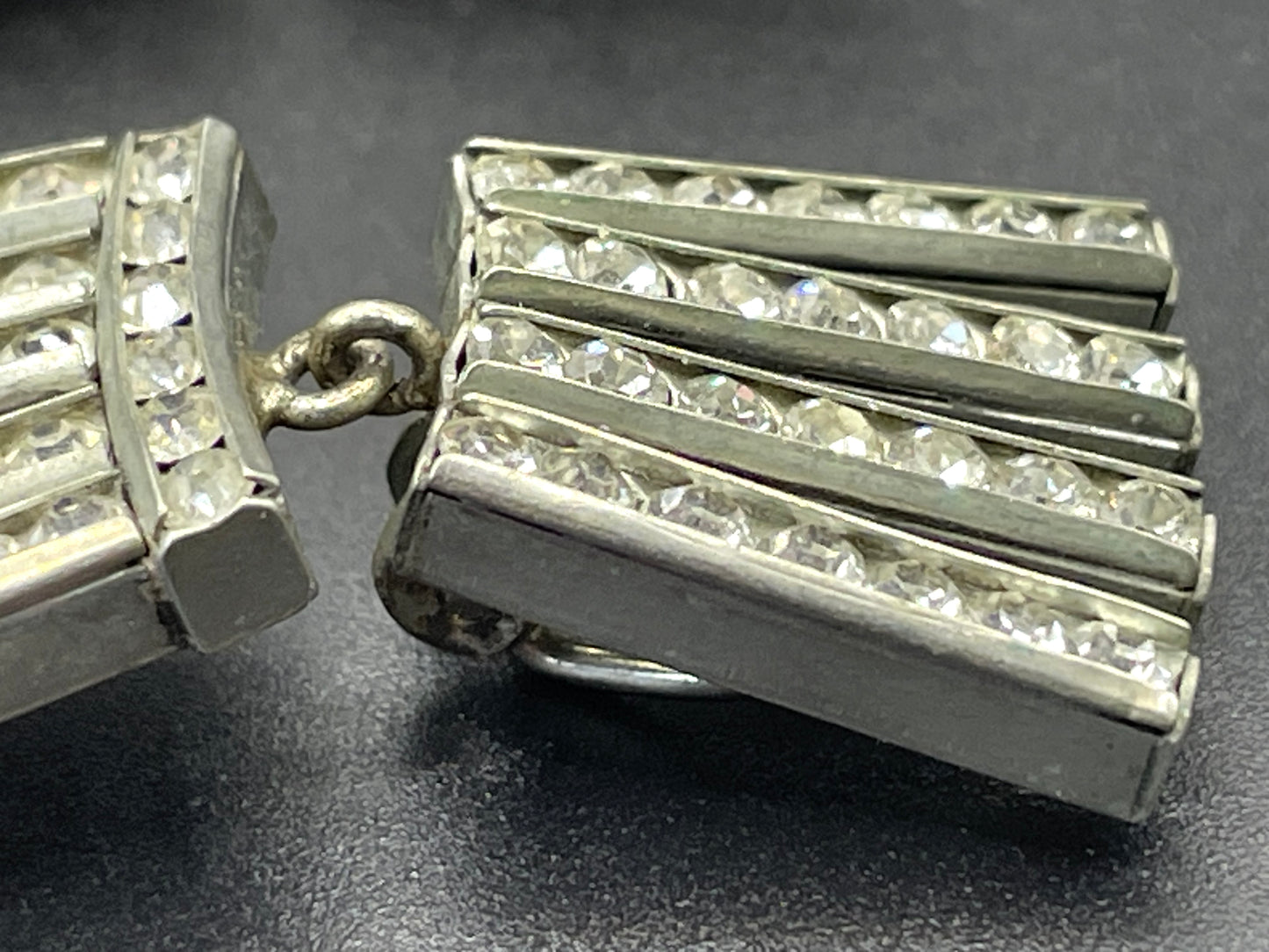 Vintage DRGM Schreiber & Hiller Art Deco channel set paste clear rhinestone geometric machine age clip on earrings