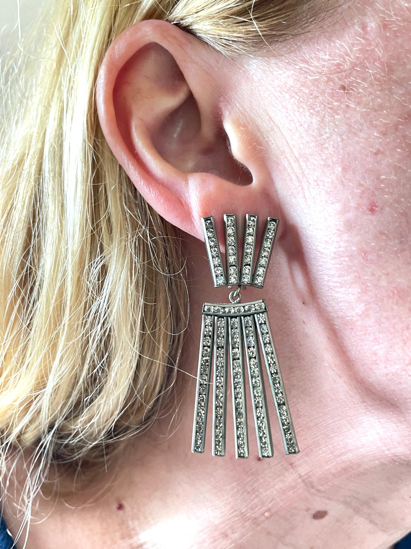 Vintage DRGM Schreiber & Hiller Art Deco channel set paste clear rhinestone geometric machine age clip on earrings