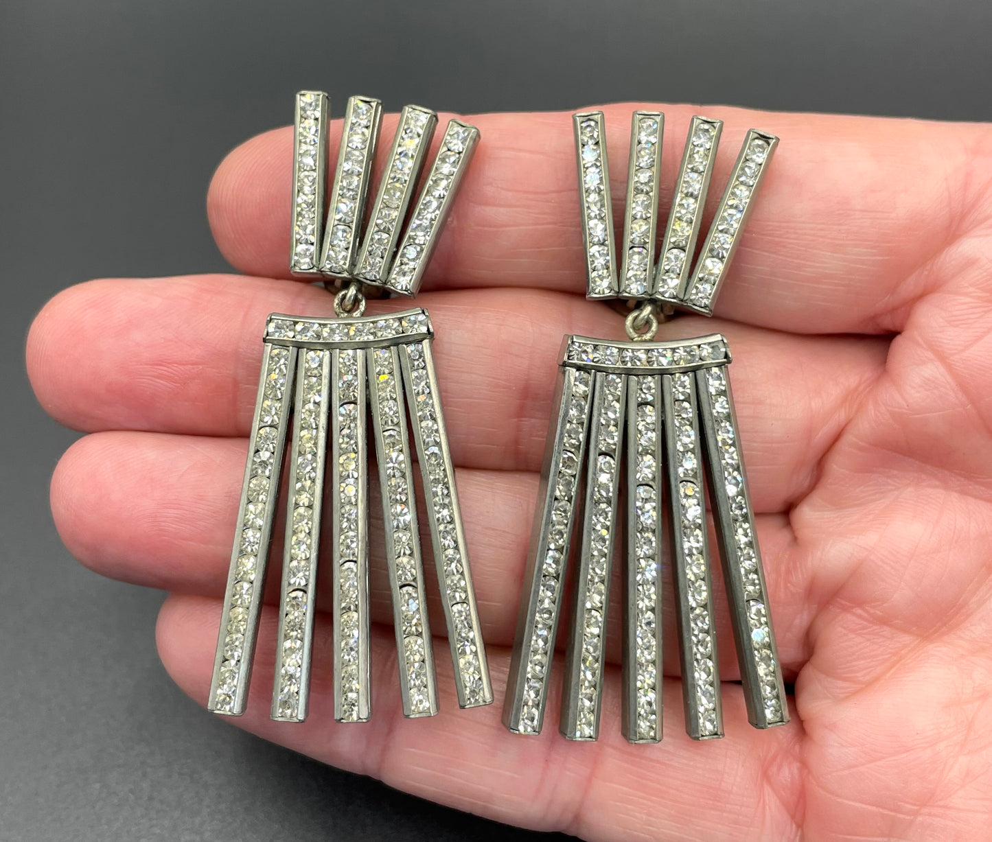 Vintage DRGM Schreiber & Hiller Art Deco channel set paste clear rhinestone geometric machine age clip on earrings