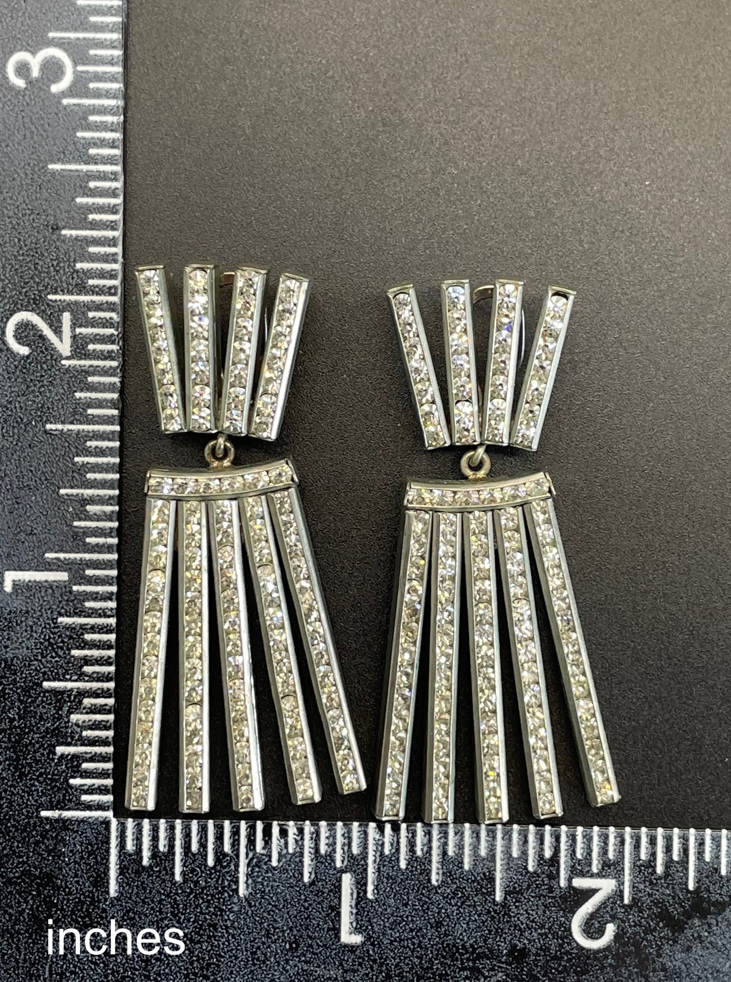 Vintage DRGM Schreiber & Hiller Art Deco channel set paste clear rhinestone geometric machine age clip on earrings