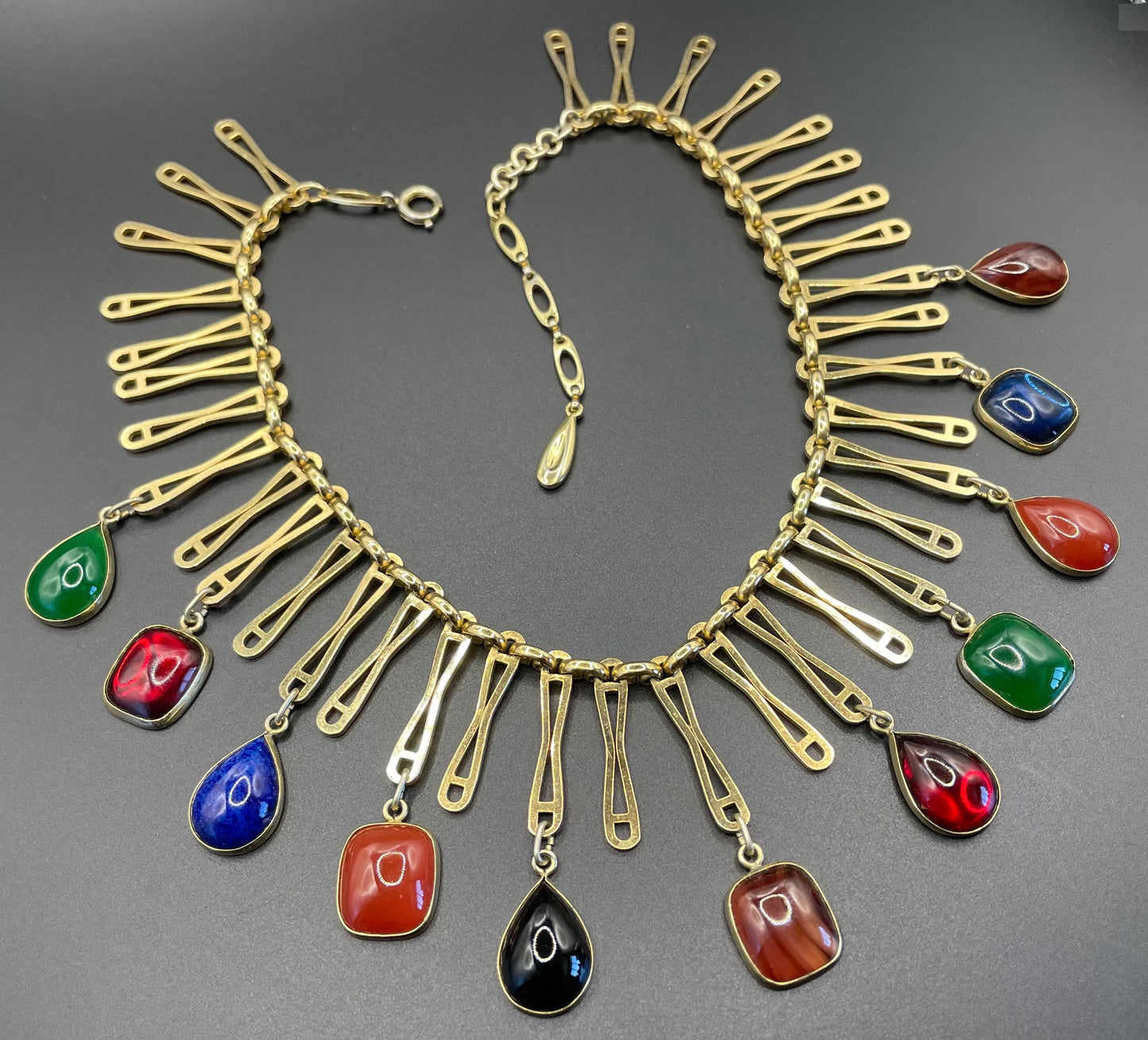 Beautiful vintage poured glass and rolled gold fringe necklace, jewels of India style