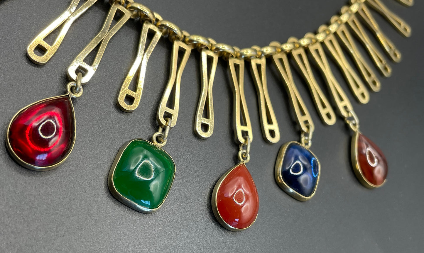 Beautiful vintage poured glass and rolled gold fringe necklace, jewels of India style