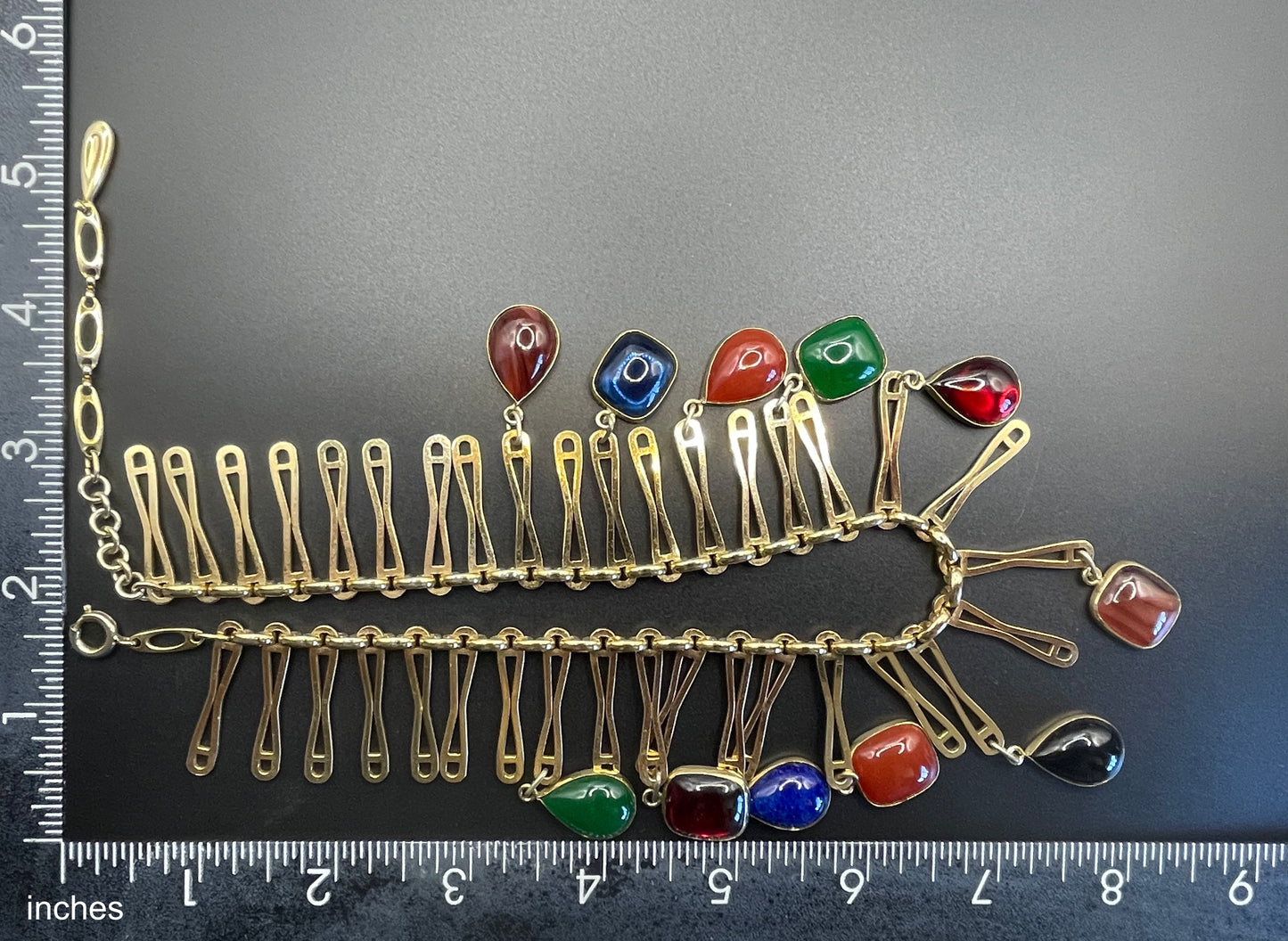 Beautiful vintage poured glass and rolled gold fringe necklace, jewels of India style